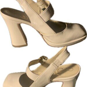 Sam Edelman 8 Jildie Platform Slingback Pumps Mary Jane High Heels Beige Shiny
